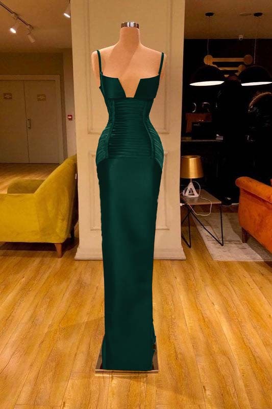 Burgundy V Neck Spaghetti Strap Sleeveless Mermaid Prom Dress With Pleated