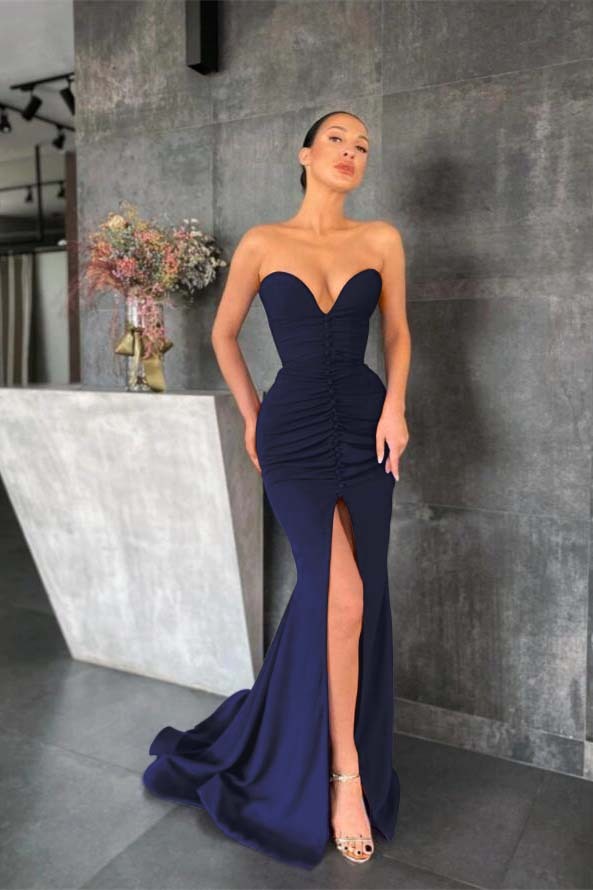 Sleeveless Strapless Long Mermaid Prom Dress With Pleated Split