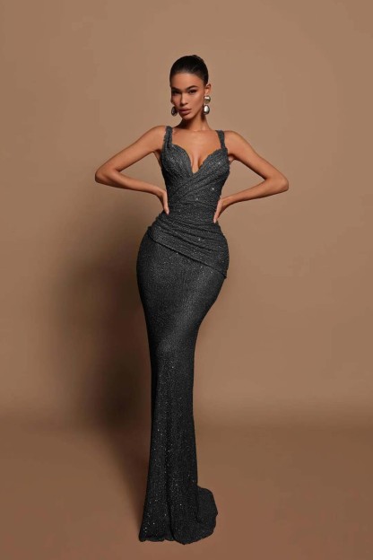 Sexy Pink Long Sequins Prom Dress V Neck Mermaid Sleeveless