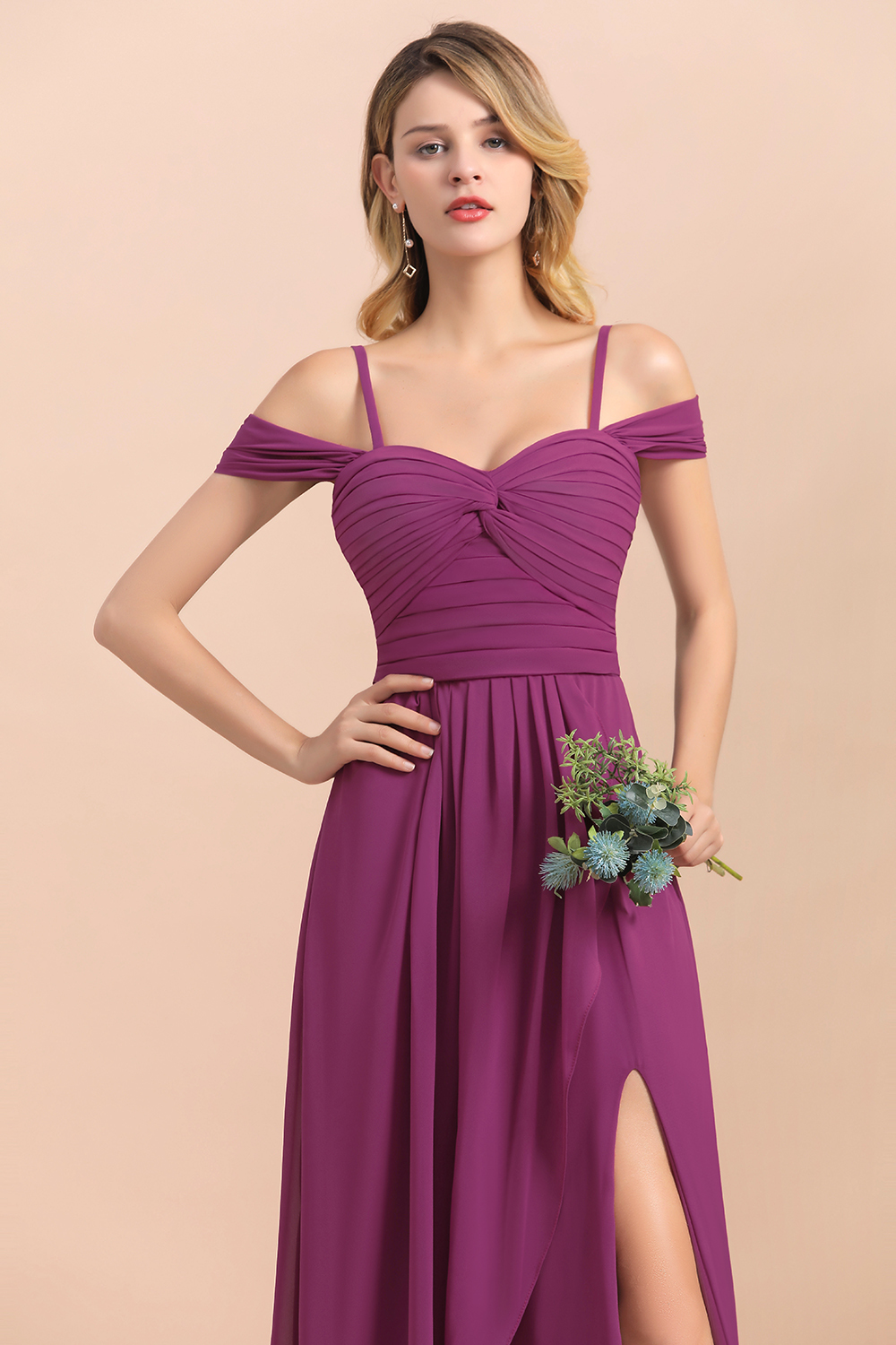 BMbridal Gorgeous Off-the-Shoulder Ruffle Orchid Bridesmaid Dress Online with Slit-BMbridal