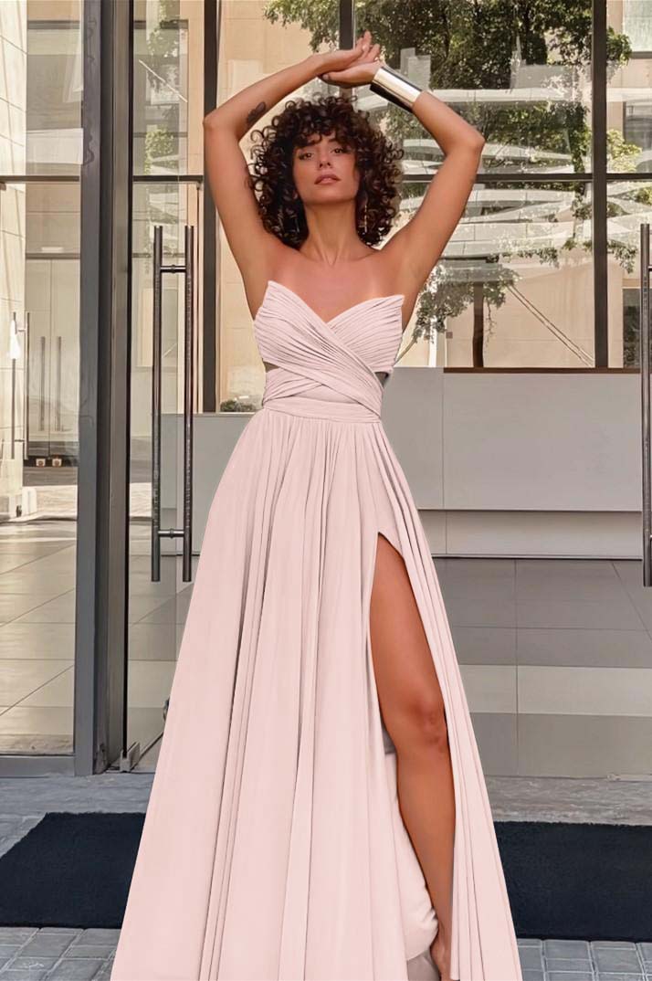 Strapless Sleeveless Long High Split Prom Dress With Pleated