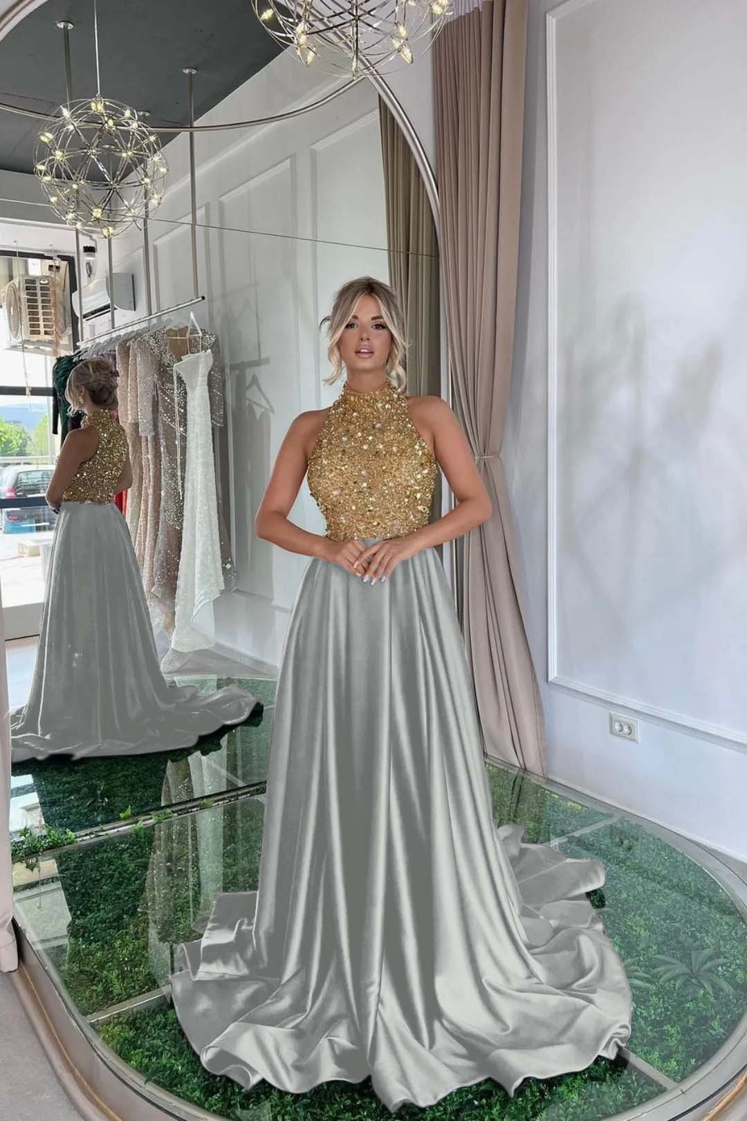 Elegant Sequins Prom Dress Gold Black Long Sleeveless Halter