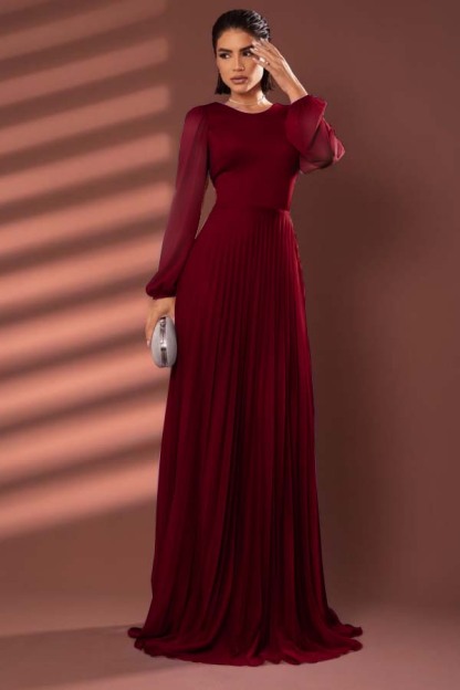 Chiffon Jewel Neck Long Sleeves Long Prom Dress With Pleated