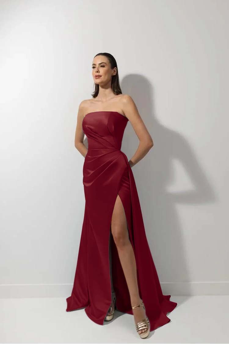 Strapless Sleeveless Long Mermaid Prom Dress With High Split Ruffles