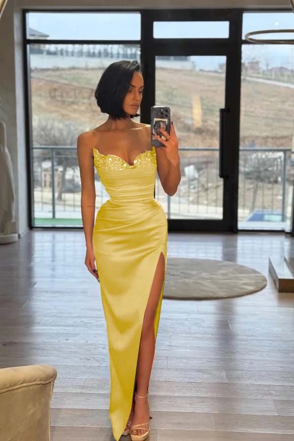 Strapless Sleeveless Long Split Prom Dress With Pleated Sequins