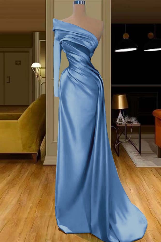 Glamorous One Shoulder Champagne Long Sleeve Prom Dress Mermaid With Pleated