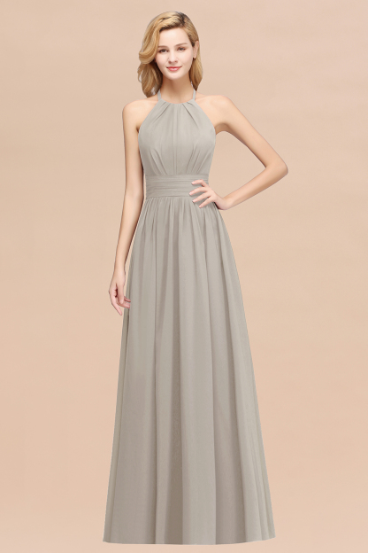 BMbridal Elegant High-Neck Halter Long Affordable Bridesmaid Dresses with Ruffles-BMbridal