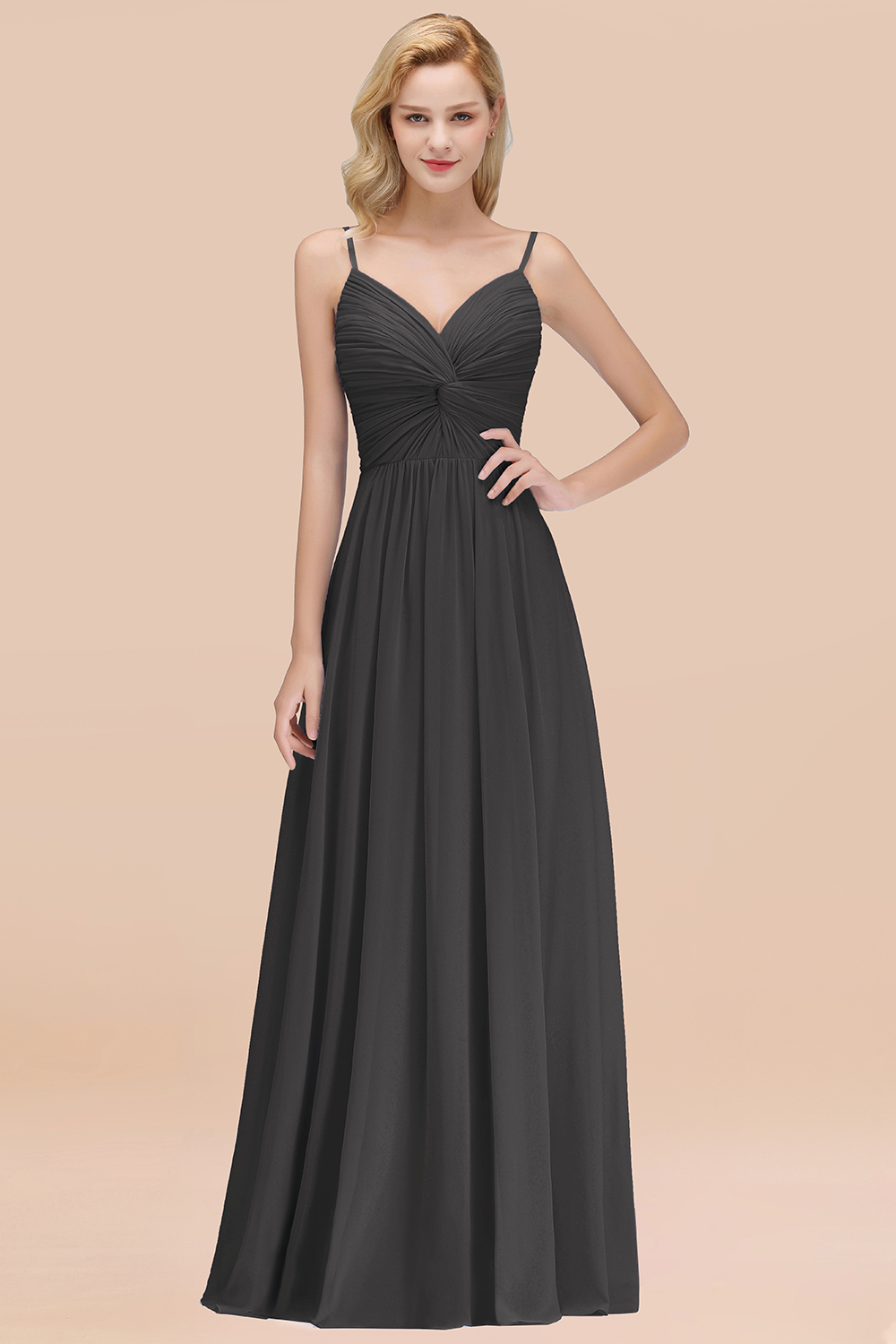BMbridal Chic V-Neck Pleated Backless Bridesmaid Dresses with Spaghetti Straps-BMbridal
