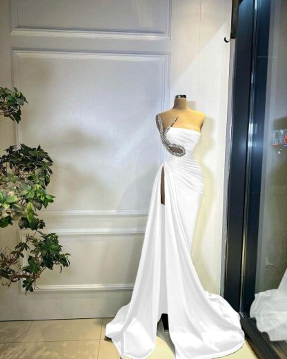 Strapless Sleeveless Long Mermaid Split Prom Dress With Beading