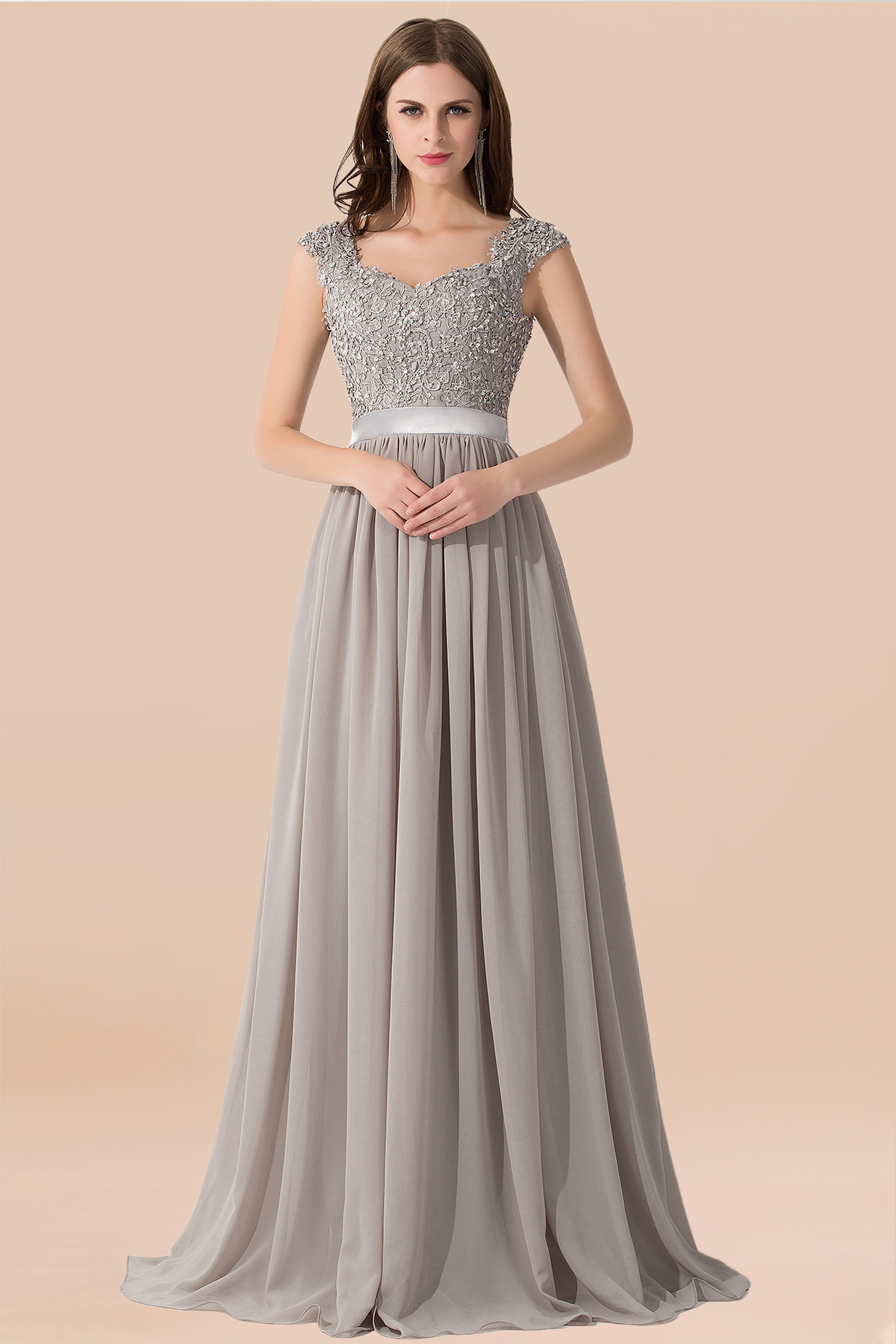 BMbridal Vintage Silver Sleeveless Long Bridesmaid Dress With Appliques-BMbridal