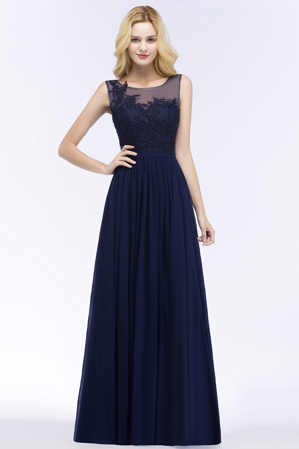 BMbridal Chiffon Lace Appliques Affordable Navy Bridesmaid Dress Online-BMbridal