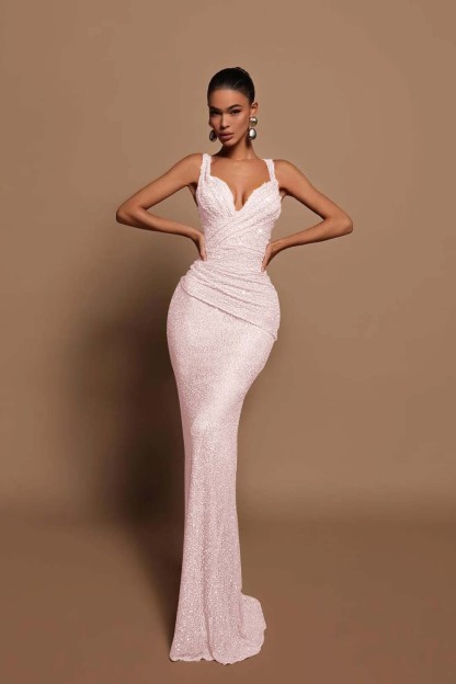 Sexy Pink Long Sequins Prom Dress V Neck Mermaid Sleeveless