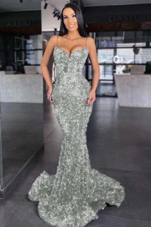 Sweetheart Royal Blue Spaghetti Strap Mermaid Long Prom Dress With Sequins