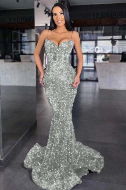 Sweetheart Royal Blue Spaghetti Strap Mermaid Long Prom Dress With Sequins