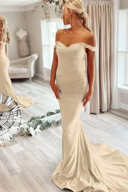 Off the Shoulder Sleeveless Mermaid Long Prom Dress With Pleated