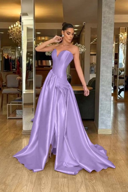 Stunning Strapless Sleeveless Long Split Prom Dress With Pleated