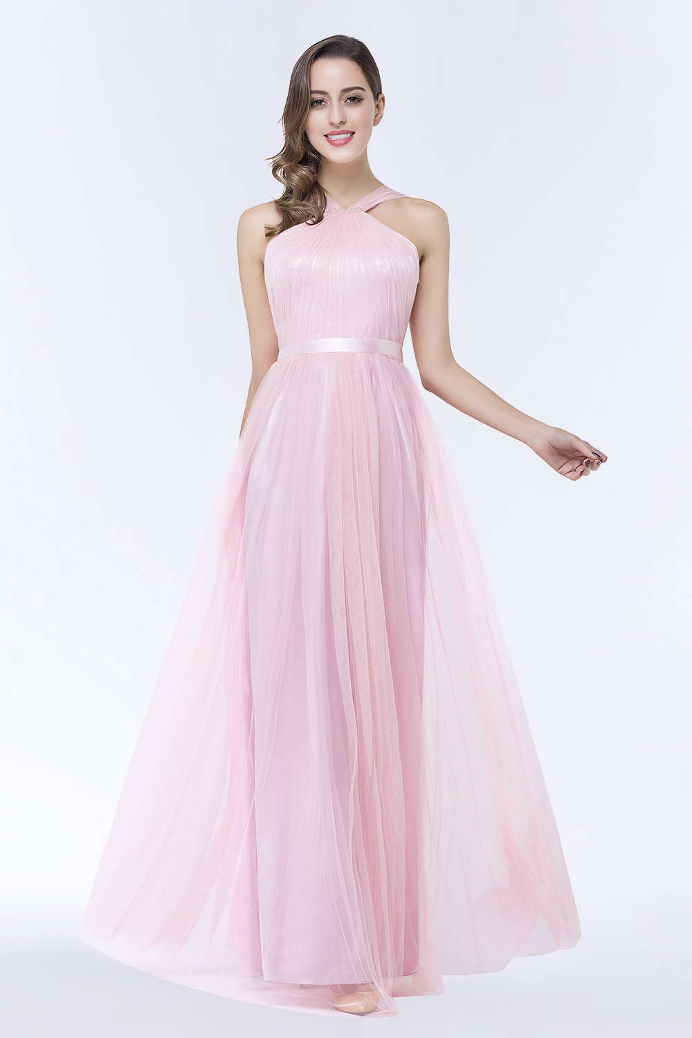 BMbridal Chic Tulle Ruffle Halter Sleeveless Pearls Bridesmaid Dress with Sash-BMbridal