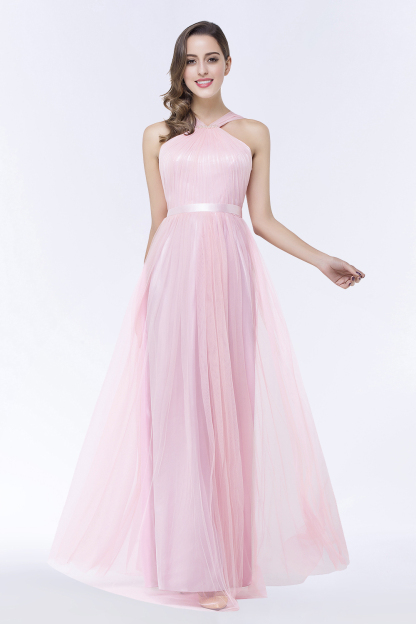 BMbridal Chic Tulle Ruffle Halter Sleeveless Pearls Bridesmaid Dress with Sash-BMbridal