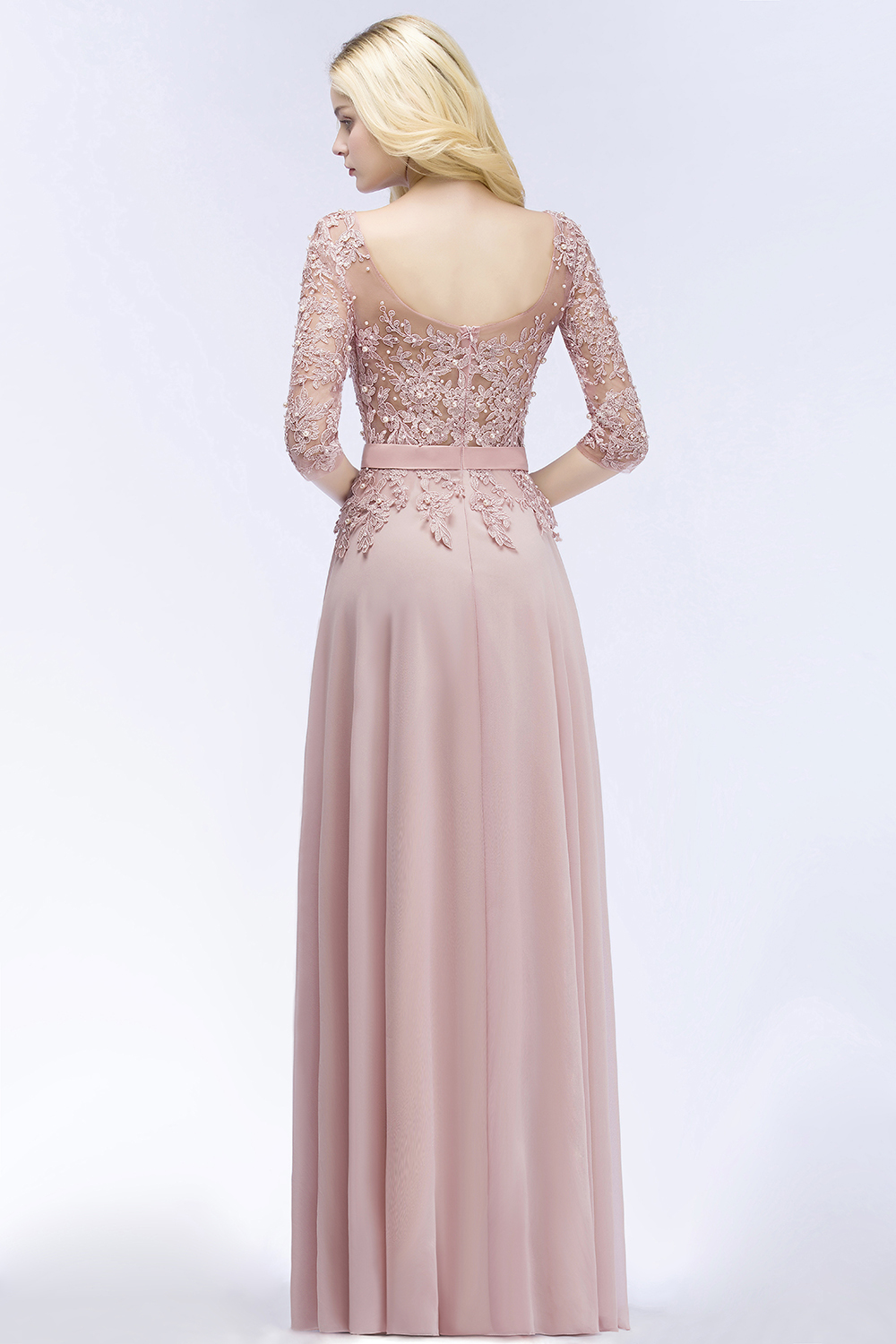 BMbridal Elegant Scoop Half-Sleeves Lace Dusty Rose Bridesmaid Dress With Pearls-BMbridal
