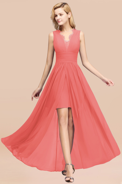 BMbridal Elegant Chiffon Lace Jewel Sleeveless Bridesmaid Dress with Ruffle-BMbridal