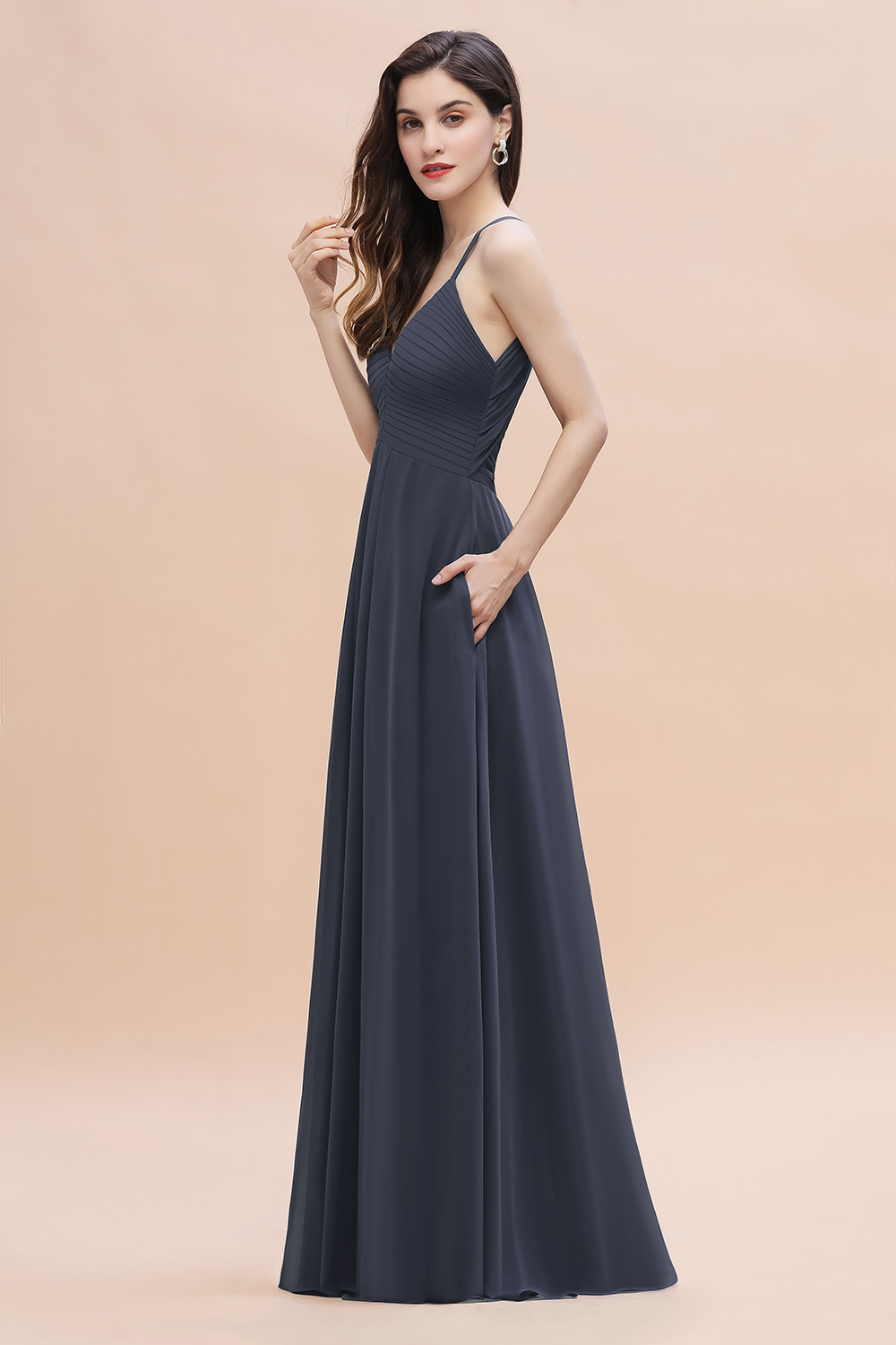 BMbridal Simple Spaghetti Straps Stormy Chiffon Bridesmaid Dress with Ruffles On Sale-BMbridal