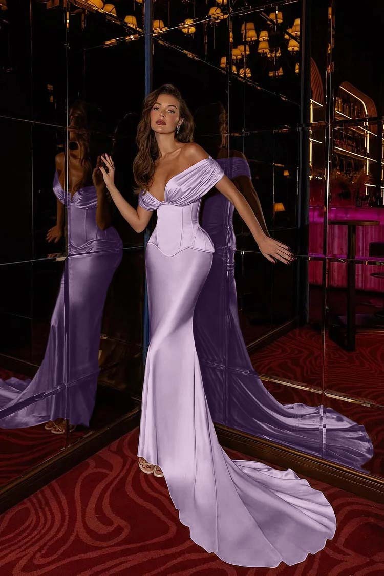 Off the Shoulder Sleeveless Long Mermaid Prom Dress With Pleated