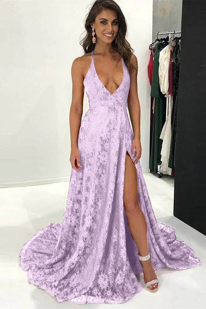 Burgundy Modern Halter Deep V Neck Backless Long Lace Prom Dress With Split