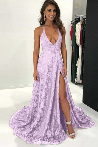 Burgundy Modern Halter Deep V Neck Backless Long Lace Prom Dress With Split