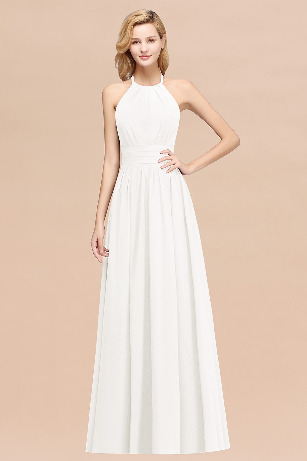 BMbridal Elegant High-Neck Halter Long Affordable Bridesmaid Dresses with Ruffles-BMbridal