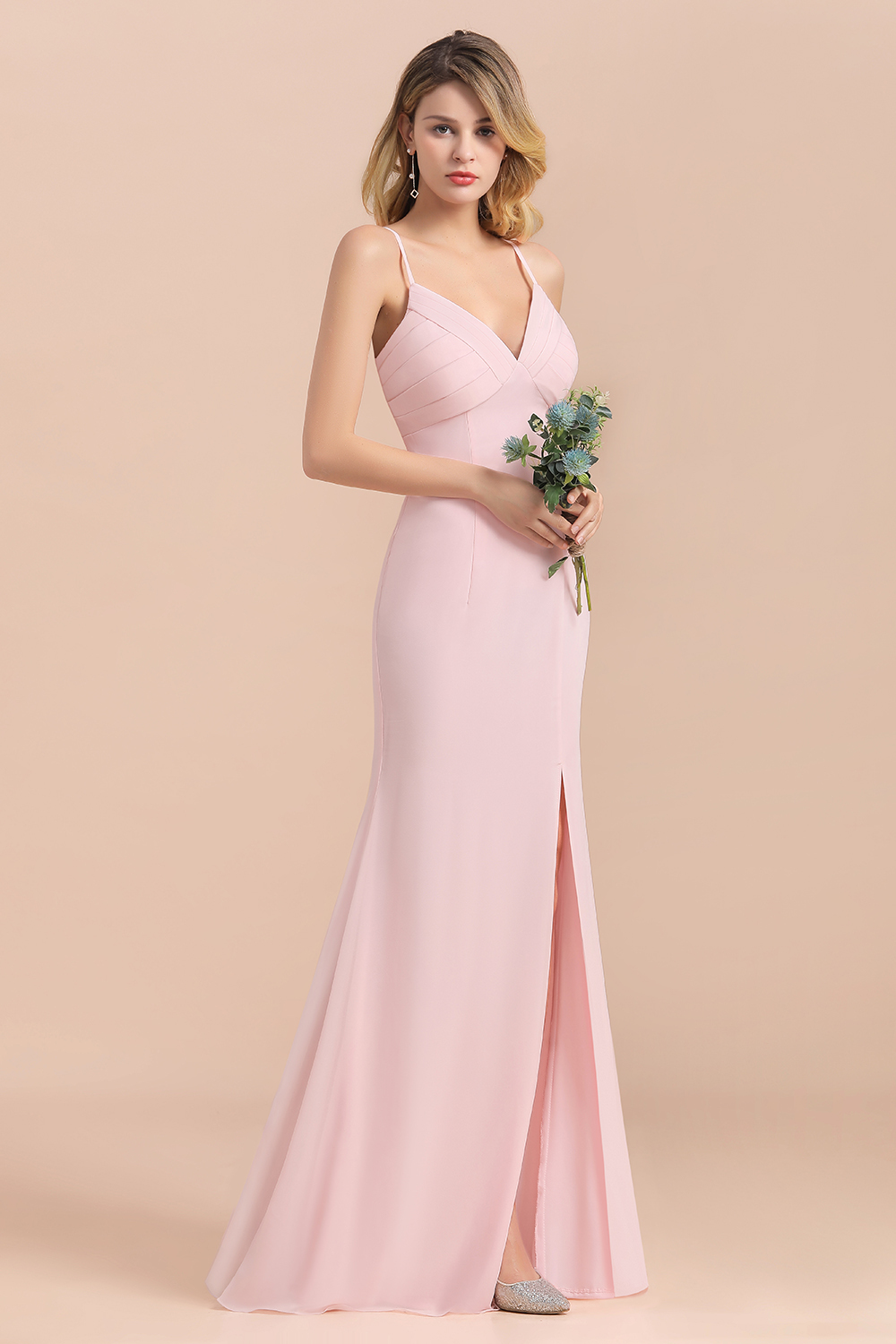 BMbridal Affordable Sheath V-Neck Blushing Pink Chiffon Bridesmaid Dress with Spaghetii Straps-BMbridal