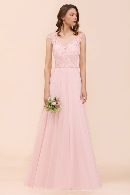 BMbridal Elegant Pink Lace Straps Ruffle Affordable Bridesmaid Dress-BMbridal