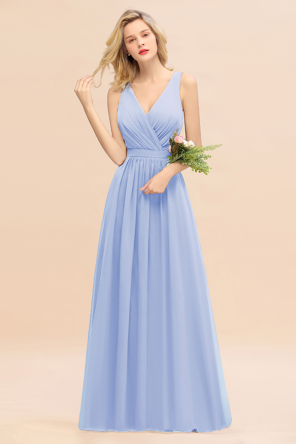 BMbridal Affordable V-Neck Ruffle Long Grape Chiffon Bridesmaid Dress with Bow-BMbridal