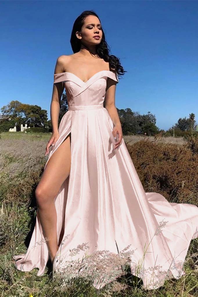 White Chic Off the Shoulder Strapless Sleeveless Front Split Prom Dress