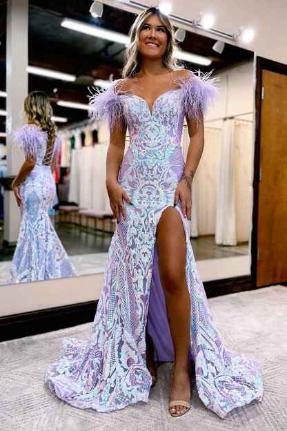 Glitter Royal Blue Mermaid Off the Shoulder Sequins Long Prom Dress with Feather
