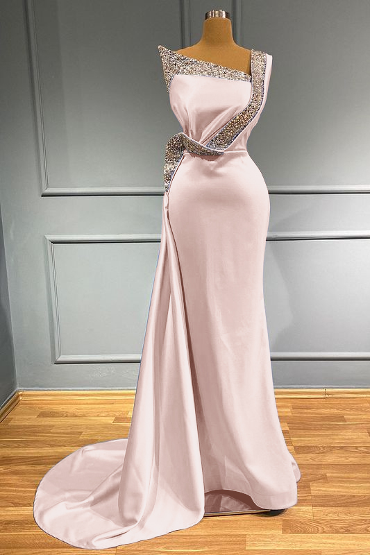 Light Blue One Shoulder Sleeveless Mermaid Long Beads Prom Dress With Ruffles