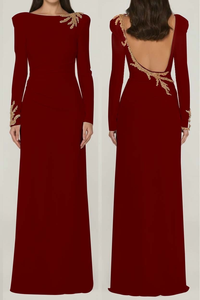 Long Sleeves Long Backless Prom Dress With Appliques Pleated