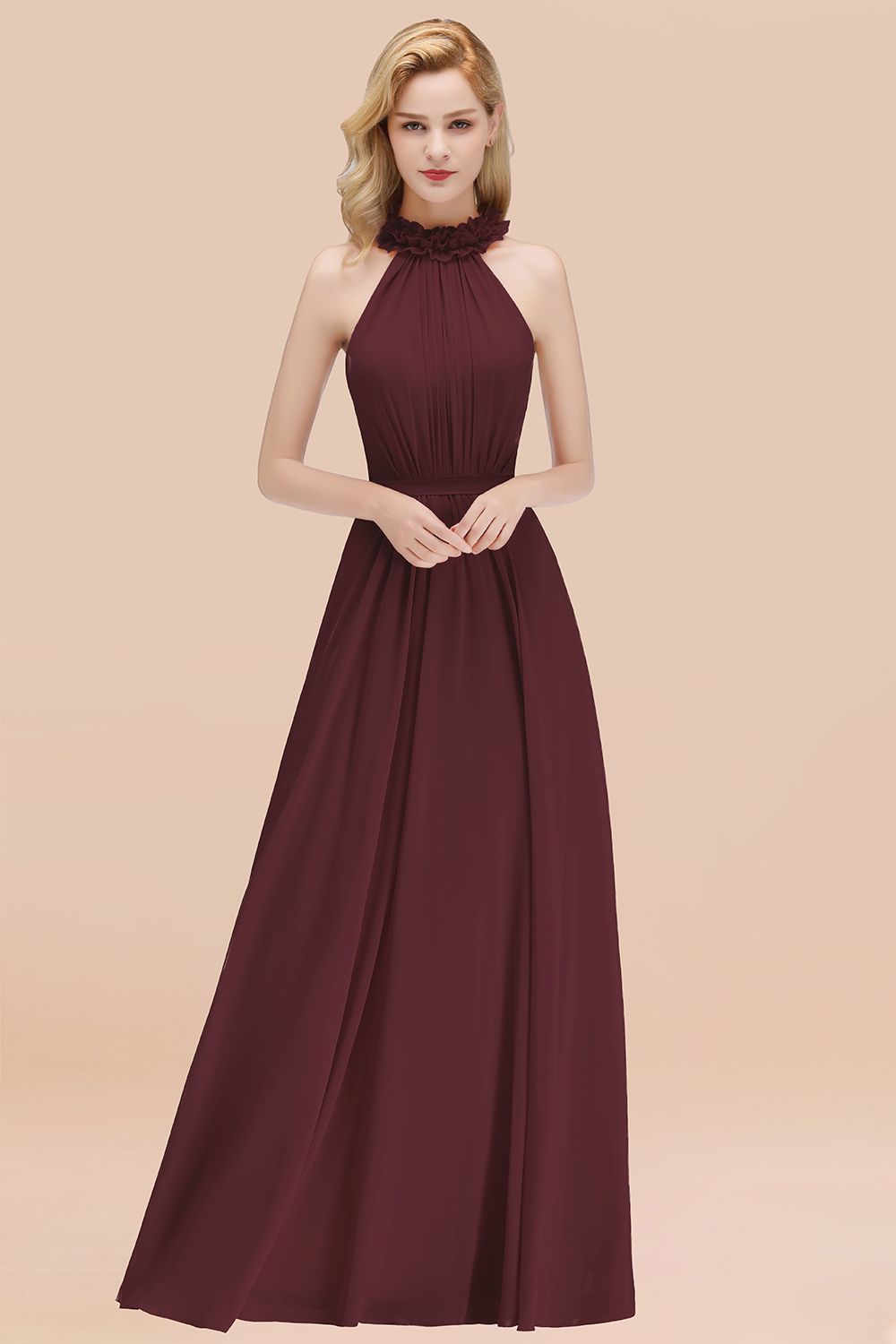 BMbridal Modest High-Neck Halter Ruffle Chiffon Bridesmaid Dresses Affordable-BMbridal