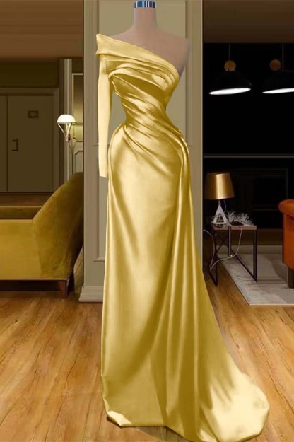 Glamorous One Shoulder Champagne Long Sleeve Prom Dress Mermaid With Pleated