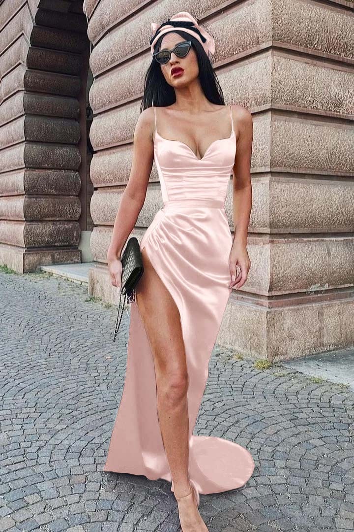 Burgundy Long Spaghetti Strap Sleeveless Prom Dress With Split