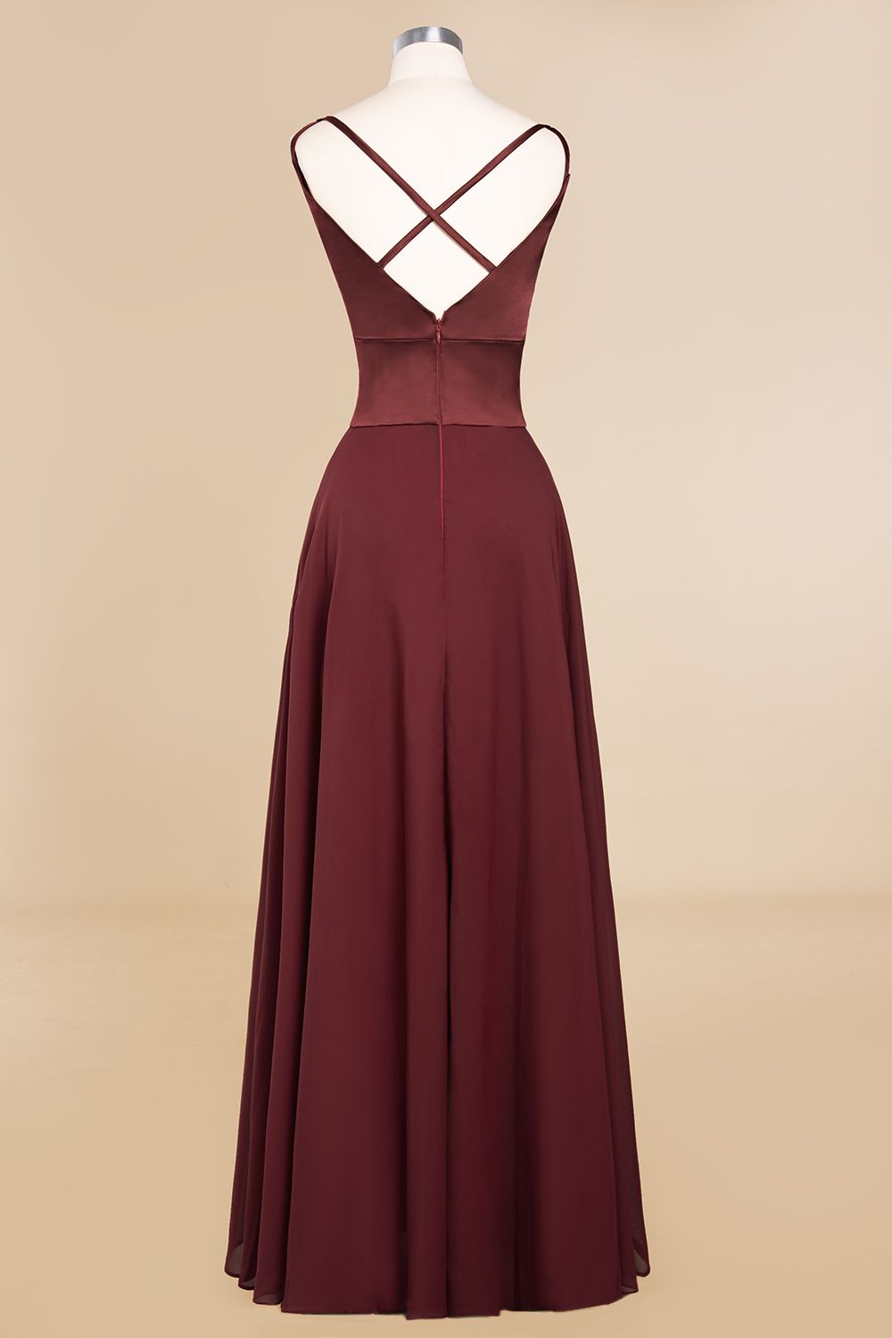 BMbridal Simple Satin Chiffon Spaghetti-Straps Burgundy Long Bridesmaid Dress-BMbridal