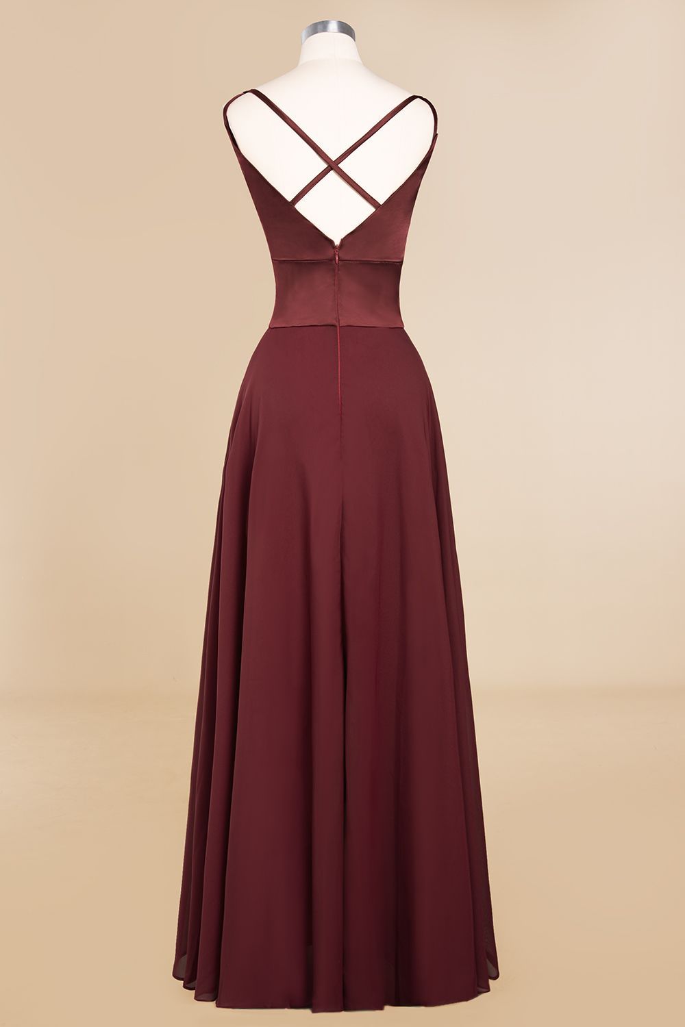 BMbridal Simple Satin Chiffon Spaghetti-Straps Burgundy Long Bridesmaid Dress-BMbridal