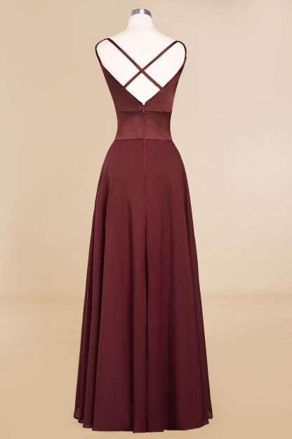 BMbridal Simple Satin Chiffon Spaghetti-Straps Burgundy Long Bridesmaid Dress-BMbridal