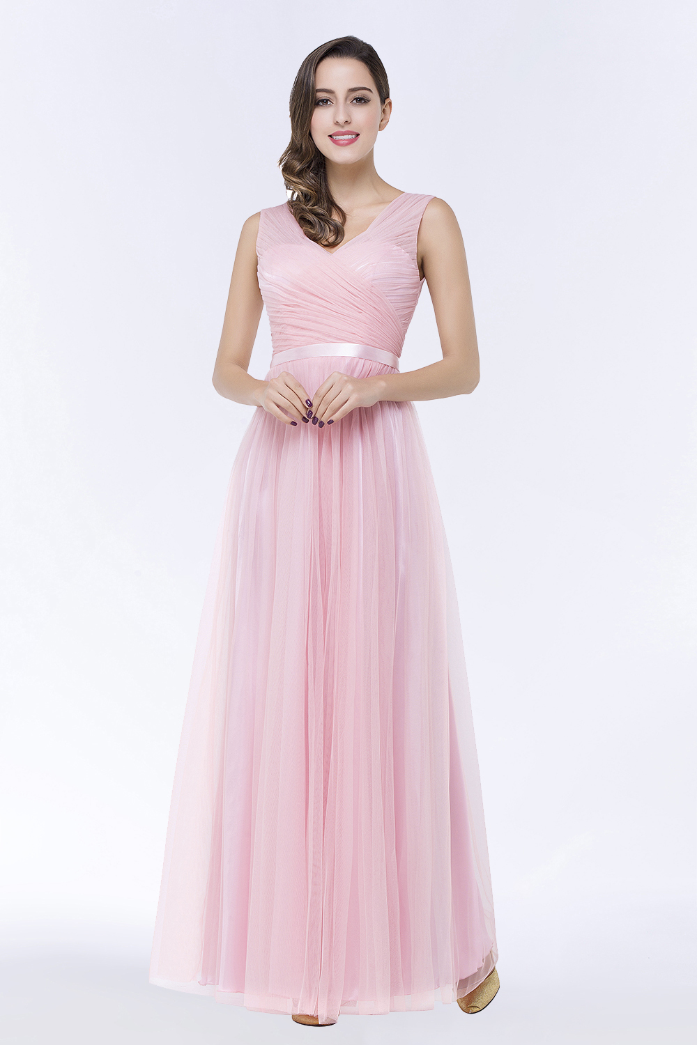 BMbridal Elegant Tulle V-Neck Sleeveless Ruffle Long Bridesmaid Dress with Sash-BMbridal