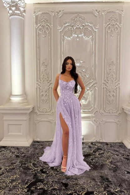 Straps Sleeveless Long Split Prom Dress With Pleated Appliques