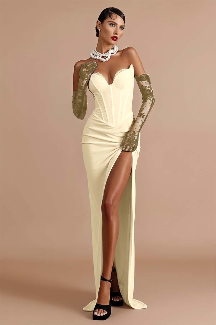 Sleeveless Strapless Long Mermaid Split Prom Dress With Gloves
