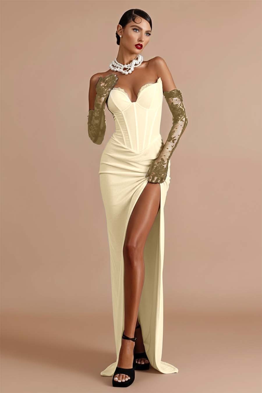 Sleeveless Strapless Long Mermaid Split Prom Dress With Gloves