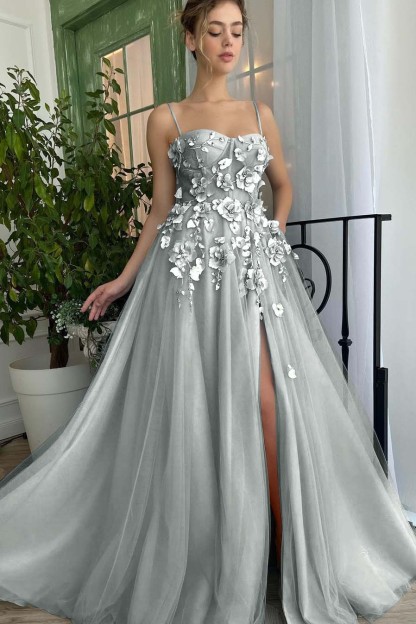 Baby Blue Sweetheart Flowers Appliques Spaghetti Strap Prom Dress With Split