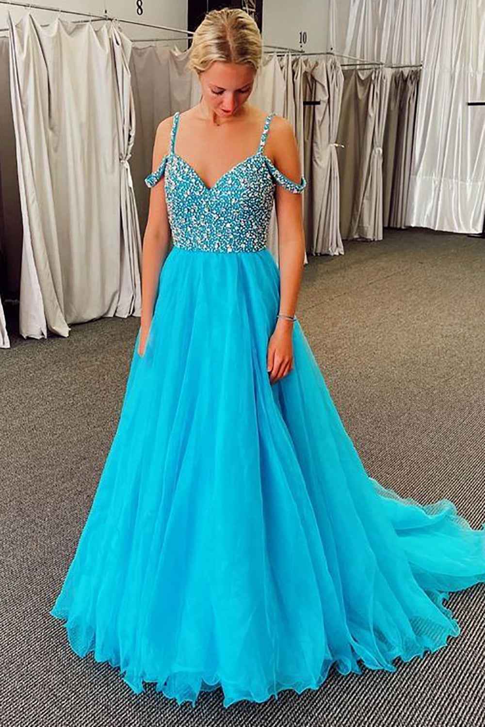 Sparkly Blue A Line Cold Shoulder Long Prom Dress with Beading