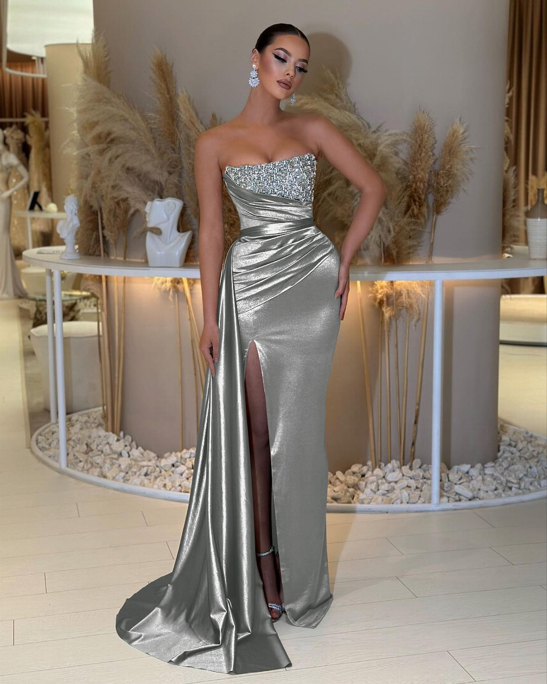 Charming Strapless Sleeveless Beading Sleeveless Split Prom Dress with Ruffles