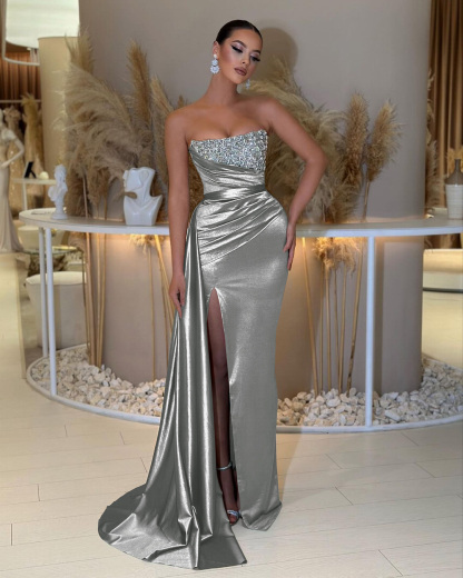 Charming Strapless Sleeveless Beading Sleeveless Split Prom Dress with Ruffles